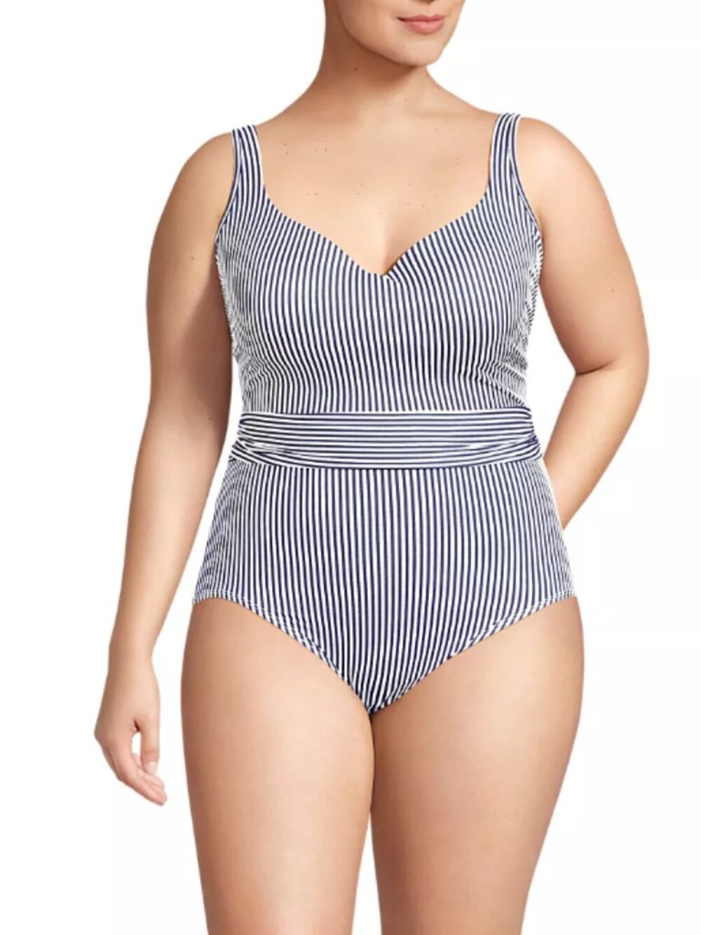Land's End Plus Size 20W Striped SlenderSuit Belted Sweetheart One Piece NEW!